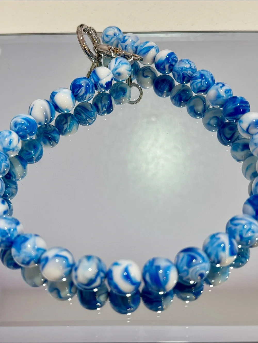 New Blue & White Marbled Bead Bag Chain 18 inches